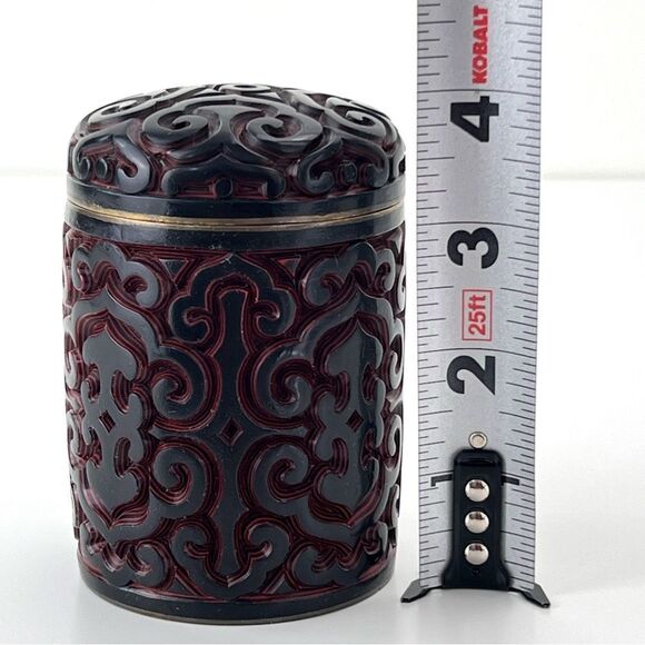 Antique Chinese Hand Carved Cinnabar Canister Jar Box Black and Red Blue Inside - Picture 13 of 14